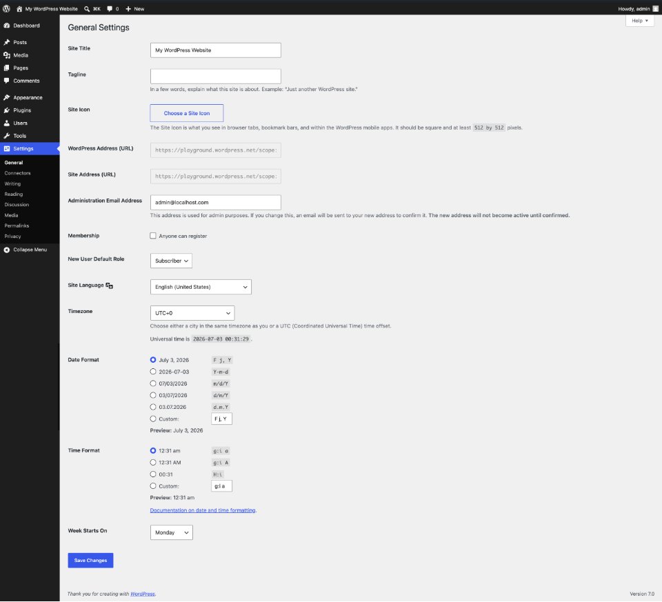 The General Settings screen, with boxes for the site title, tagline, addresses, email address and default user role.