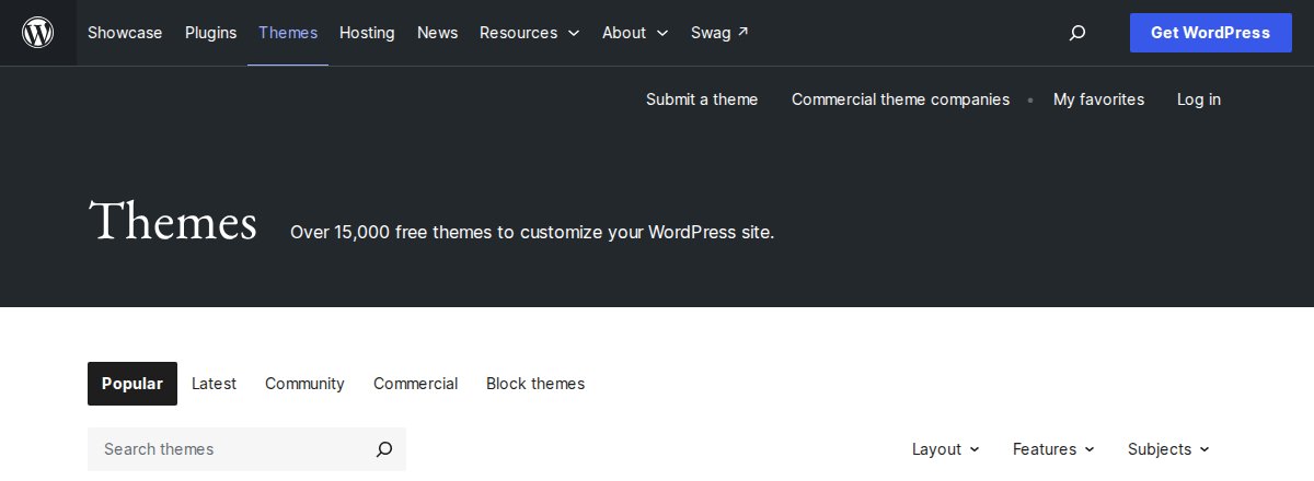 The top of the WordPress theme directory page. It says there are over 15,000 free themes and has a search box and tabs for Popular, Latest, Community, Commercial and Block themes.