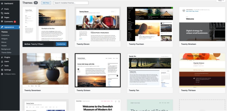The Themes screen showing installed themes as small pictures, with a button to add a new one.
